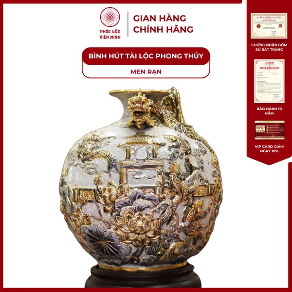 Bình Hút Lộc Cá Chép Vượt Vũ Môn Gốm Sứ Bát Tràng Men Rạn Vàng Phong Thuỷ 