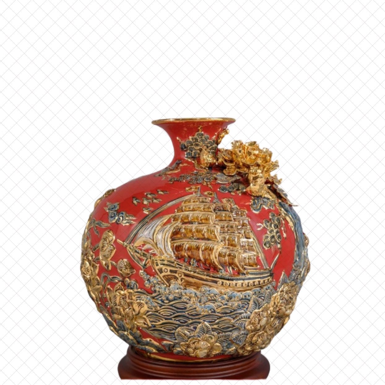 Bình Hút Lộc Thuận Buồm Gốm Sứ Bát Tràng Men Đỏ Vàng Sang Trọng 