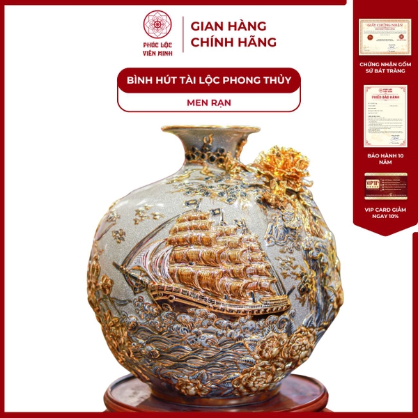 Bình Hút Lộc Thuận Buồm Xuôi Gió Vẽ Vàng Gốm Sứ Bát Tràng Phong Thuỷ Cao Cấp 