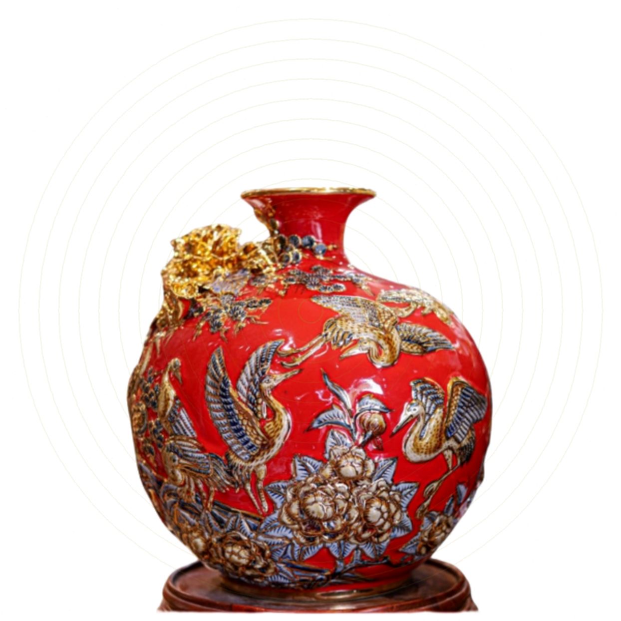 Bình Gốm Sứ Bát Tràng Hút Lộc Tùng Hạc Men Đỏ Vẽ Vàng Phong Thủy 