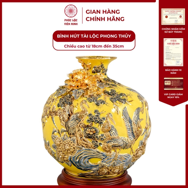 Bình Hút Lộc Tùng Hạc Diên Niên Men Vàng Gốm Sứ Bát Tràng Phong Thủy 