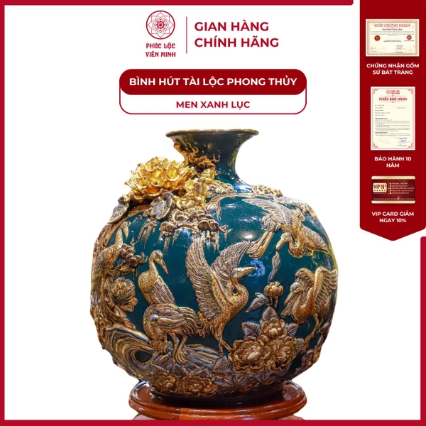 Bình Hút Lộc Tùng Hạc Diên Niên Gốm Sứ Bát Tràng Men Xanh Vẽ Vàng Cao Cấp 
