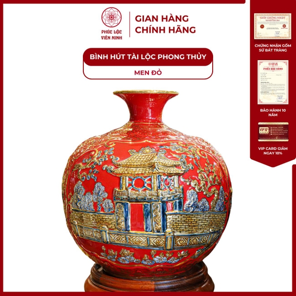 Bình Hút Lộc Men Đỏ Vàng Gốm Sứ Bát Tràng Phúc Lộc Viên 