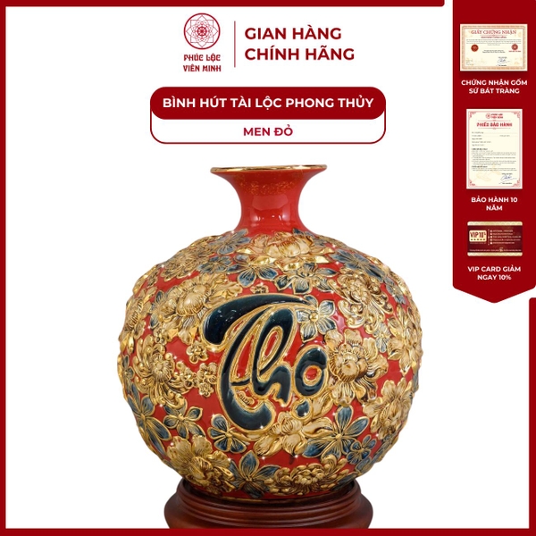 Bình Hút Tài Lộc Phúc Lộc Thọ Men Đỏ Vàng Bát Tràng Đẹp 