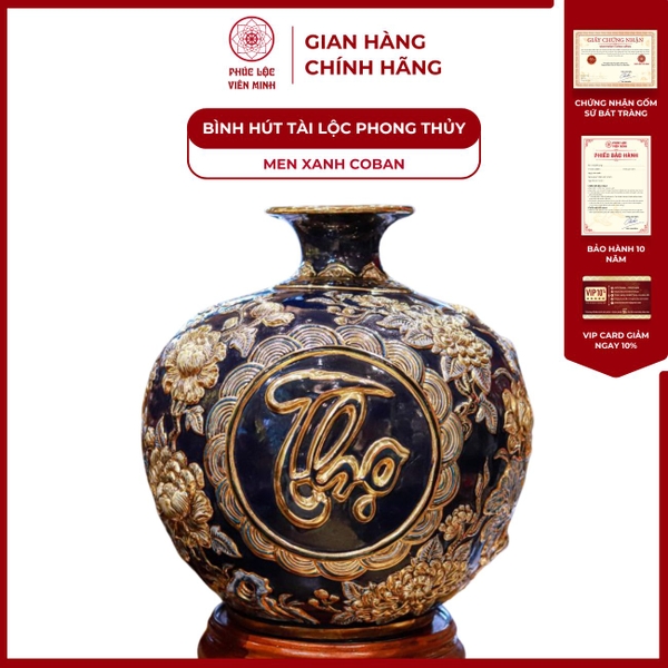 Bình Hút Lộc Phúc Lộc Thọ Bát Tràng Men Xanh Vàng Sang Trọng 