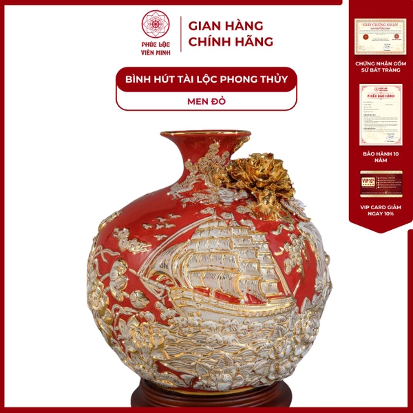 Bình Hút Lộc Gốm Sứ Bát Tràng Thuận Buồm Xuôi Gió Men Đỏ Vàng Sang Trọng 