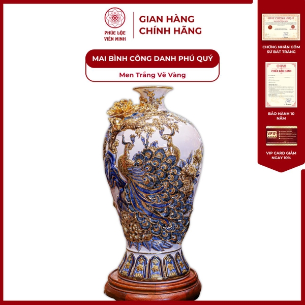Mai Bình Công Danh Phú Quý Men Trắng Vàng Bát Tràng Cao Cấp Đẹp 