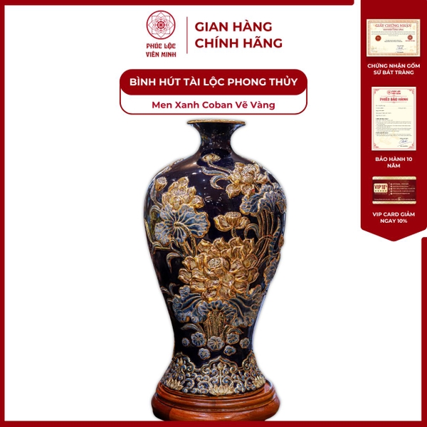 Mai Bình Hoa Sen Men Xanh Coban Vẽ Vàng Gốm Sứ Bát Tràng Cao Cấp Sang Trọng 