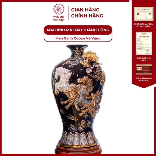 Mai Bình Mã Đáo Thành Công Men Xanh Coban Vẽ Vàng Gốm Sứ Bát Tràng Cao Cấp Phong Thủy 