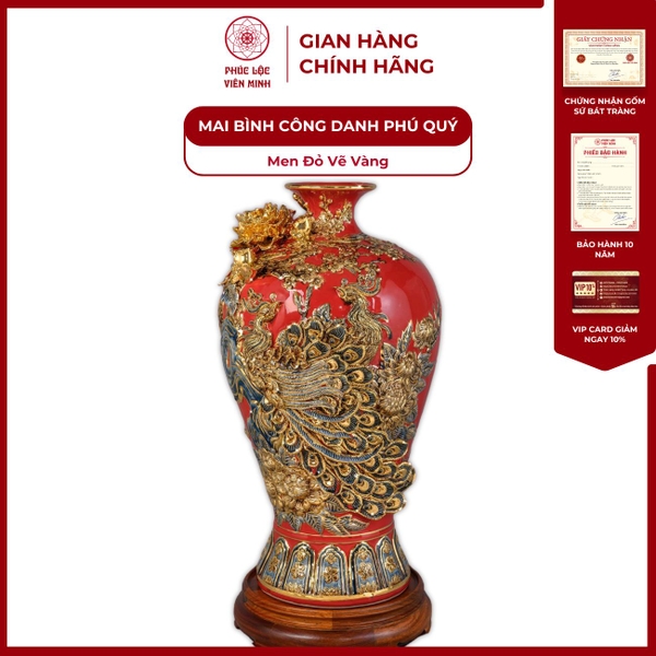 Mai Bình Phú Quý Men Đỏ Vẽ Vàng Gốm Sứ Bát Tràng Cao Cấp Decor Phong Thuỷ 