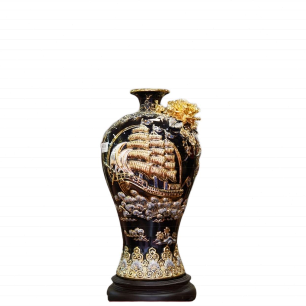 Gốm Sứ Bát Tràng Mai Bình Buồm Xuôi Gió Xanh Vẽ Vàng Cao Cấp 45cm 