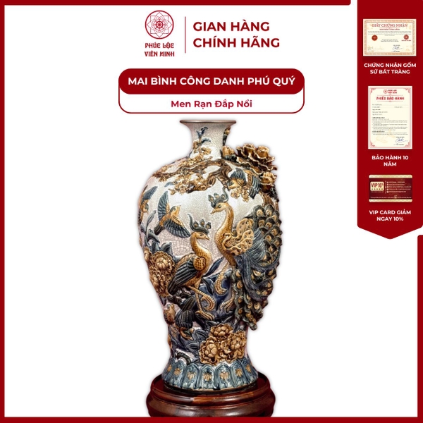 Mai Bình Phú Quý Bát Tràng Gốm Sứ Men Rạn Đắp Nổi Phong Thuỷ 