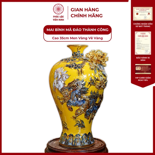 Mai Bình Mã Đáo 35cm Men Vàng Gốm Sứ Bát Tràng Phong Thủy Đẹp 