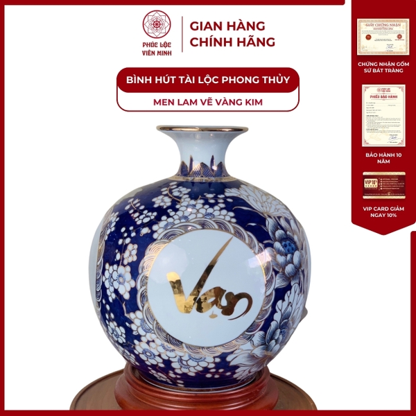 Bình Hút Lộc Tứ Cảnh Men Lam Vẽ Vàng Kim Gốm Sứ Bát Tràng Cao Cấp Phong Thủy 