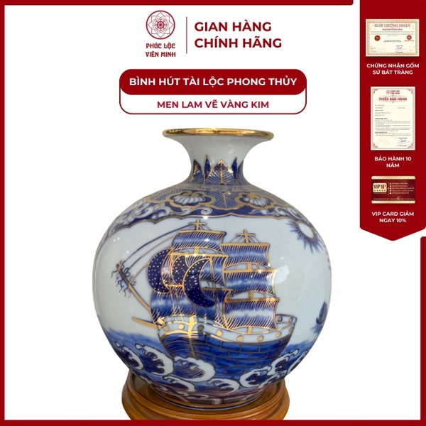 Bình Hút Lộc Gốm Sứ Bát Tràng Men Lam Vẽ Vàng Kim Phong Thủy Đẹp 
