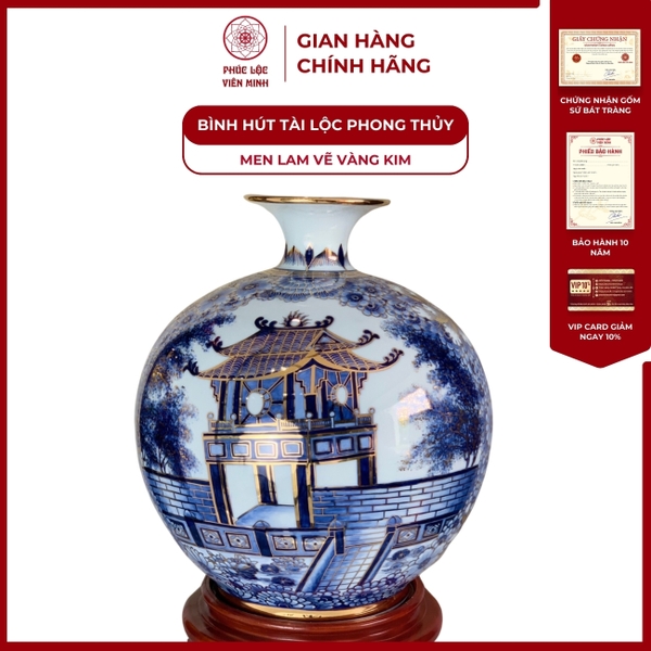 Bình Hút Lộc Nhị Cảnh Chùa Một Cột Men Lam Vàng Kim Gốm Bát Tràng 