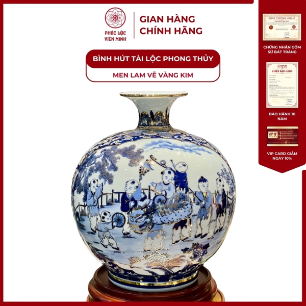Bình Hút Lộc Gốm Sứ Bát Tràng Men Lam Vàng Kim Phong Thủy Đẳng Cấp 