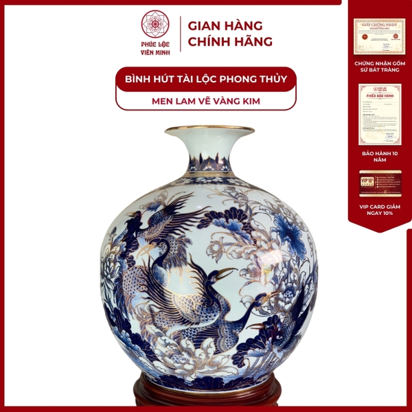 Bình Hút Lộc Gốm Sứ Bát Tràng Men Lam Vàng Kim Phong Thủy 