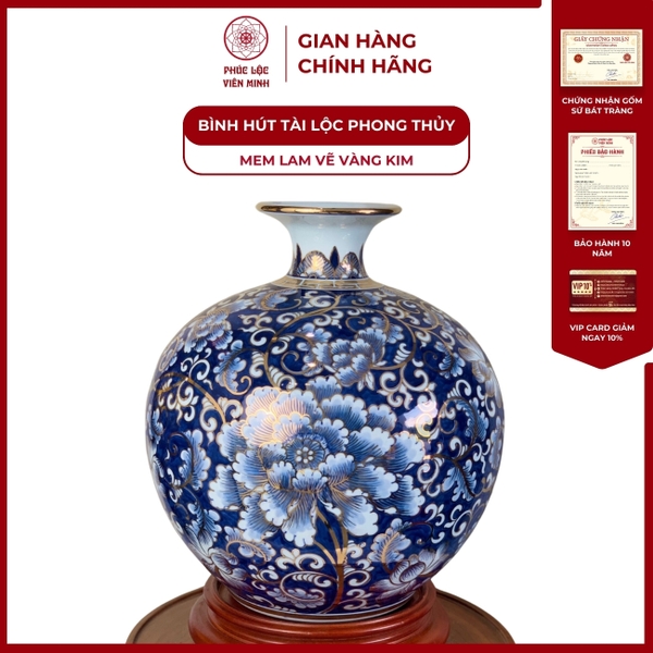 Bình Hút Lộc Men Lam Vàng Kim Gốm Sứ Bát Tràng Cao Cấp Quà Tặng Phong Thủy 