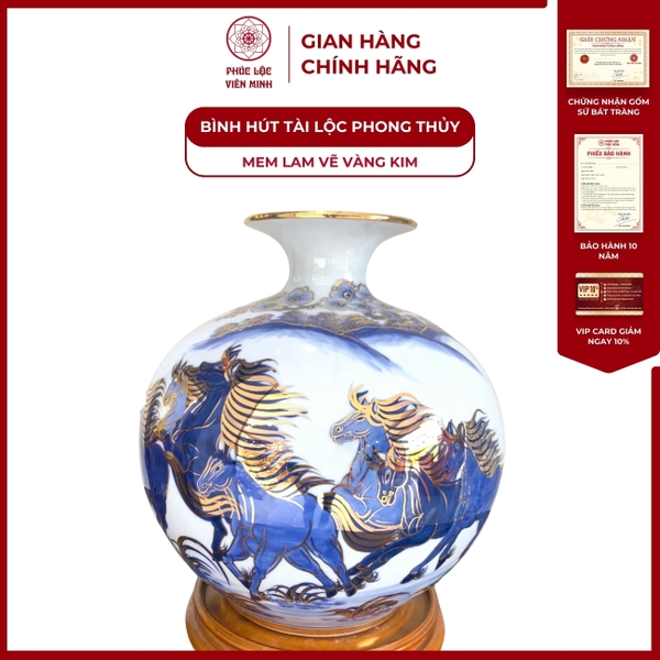Bình Hút Lộc Mã Đáo Thành Công Gốm Sứ Bát Tràng Men Lam Vàng Kim 