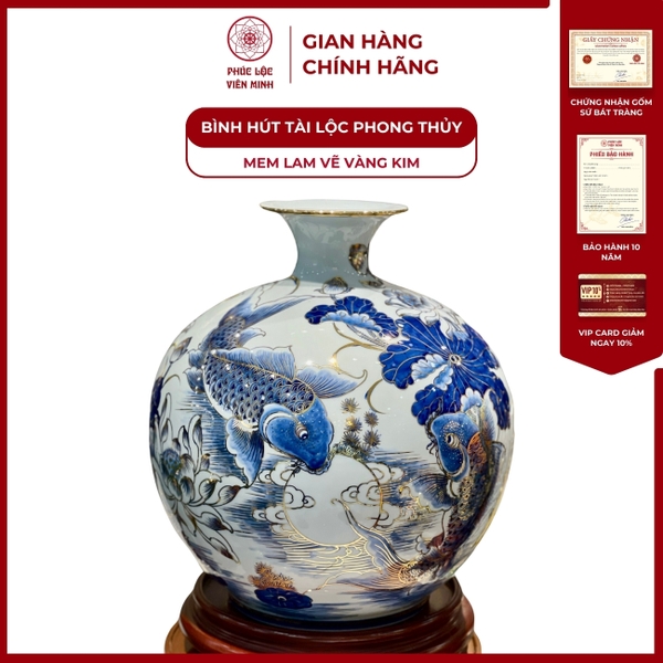 Bình Hút Lộc Đơn Cảnh Gốm Sứ Bát Tràng Cao Cấp Men Lam Vàng Kim Phong Thủy Tài Lộc 