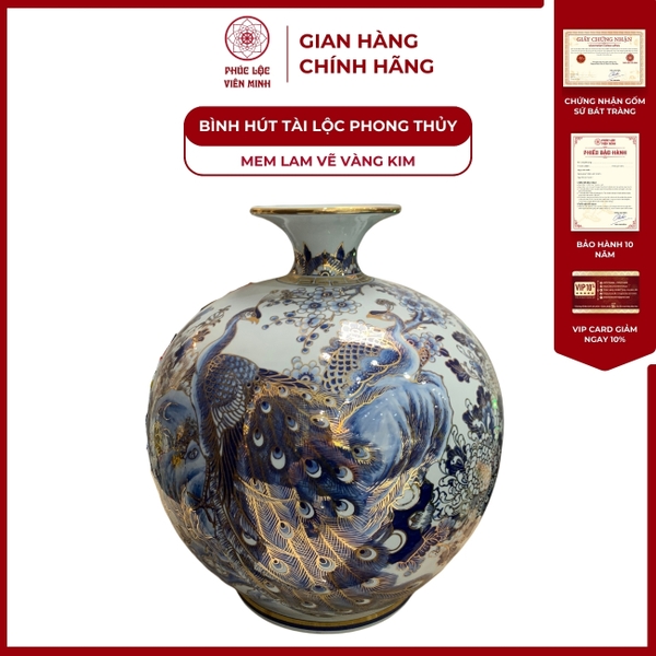 Bình Hút Lộc Bát Tràng Men Lam Vàng Kim Cao Cấp Phong Thuỷ Đẹp 