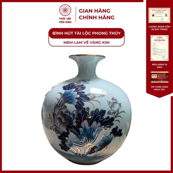Bình Hút Lộc Bát Tràng Men Lam Vàng Kim Gốm Sứ Cao Cấp Phúc Lộc 