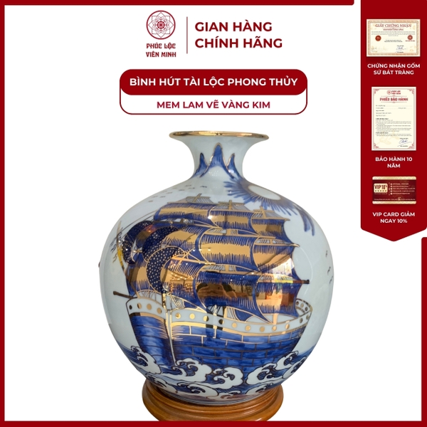 Bình Hút Lộc Men Lam Vàng Kim Bát Tràng Chính Hãng Tinh Tế Sang Trọng 