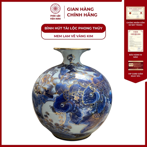 Bình Hút Lộc Bát Tràng Men Lam Vàng Kim Cao Cấp Quà Tặng Phong Thủy 