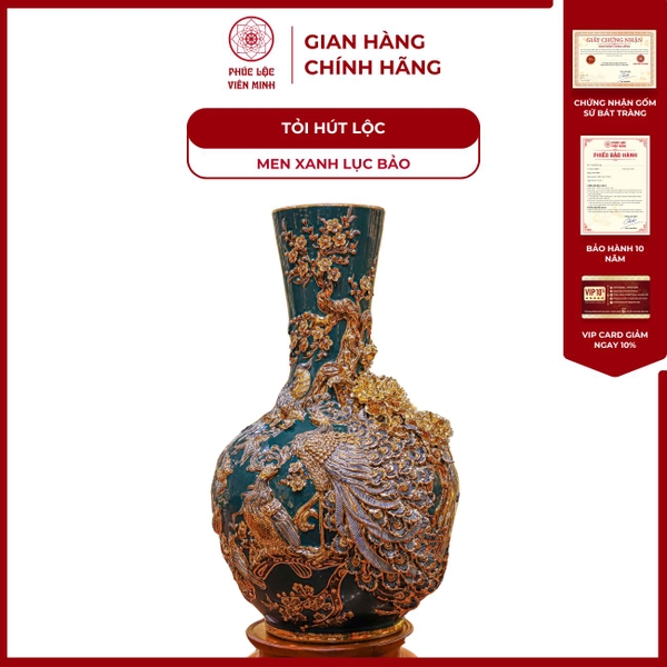 Tỏi Cổ Thẳng Phú Quý Gốm Sứ Bát Tràng Men Xanh Vẽ Vàng Phong Thủy Đặc Biệt 
