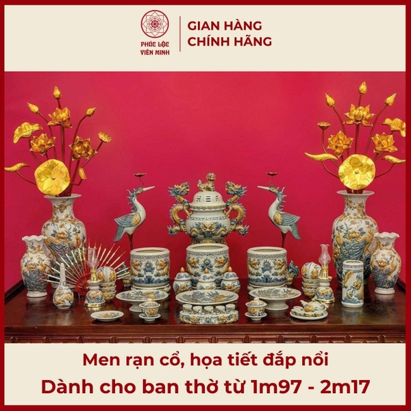 Bộ Đồ Thờ Gốm Sứ Bát Tràng Cao Cấp Men Rạn Đẹp Sang Trọng 
