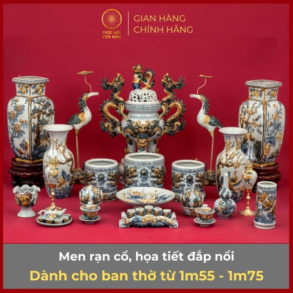 Bộ đồ thờ gốm sứ Bát Tràng men rạn cổ họa tiết nổi sang trọng PLVM300 