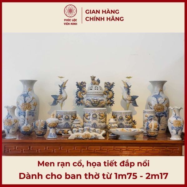 Bộ Đồ Thờ Gốm Sứ Bát Tràng Cao Cấp Men Rạn Đắp Nổi Phát Tài 