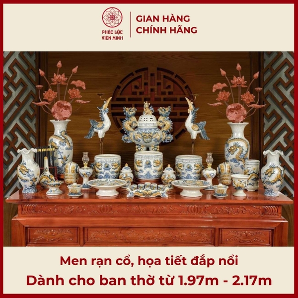 Bộ Đồ Thờ Gốm Sứ Bát Tràng Men Rạn Cao Cấp Phúc Lộc Viên Minh 