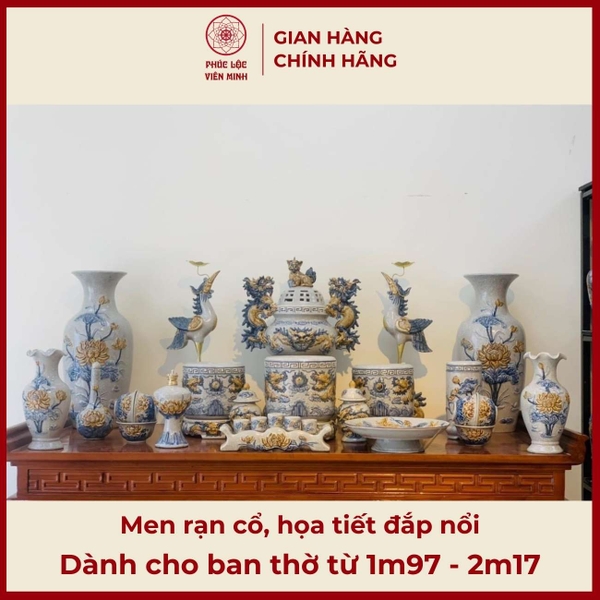 Bộ Đồ Thờ Men Rạn Cổ Gốm Sứ Bát Tràng Cao Cấp Phúc Lộc Viên Minh 