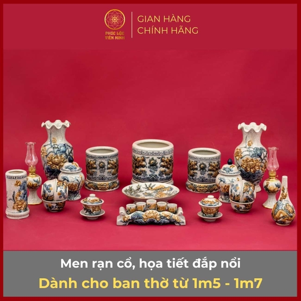 Bộ Đồ Thờ Men Rạn Bát Tràng Cao Cấp Phúc Lộc Viên Minh 