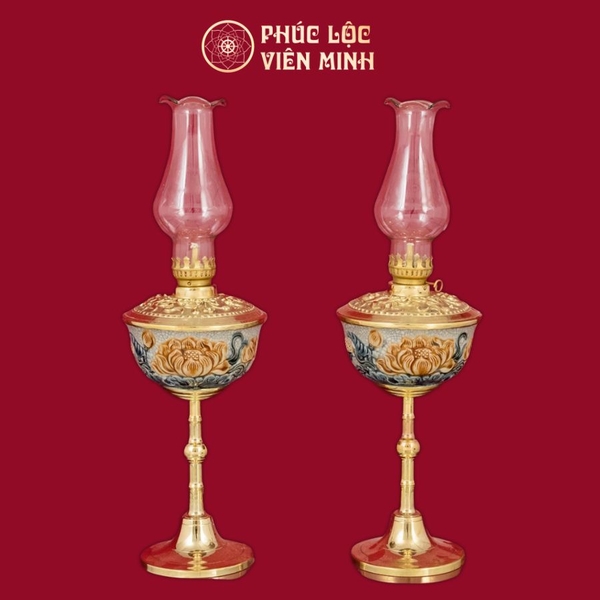 Đèn Thờ Bát Sen Chân Đồng Thếp Vàng Gốm Sứ Bát Tràng Cao Cấp 