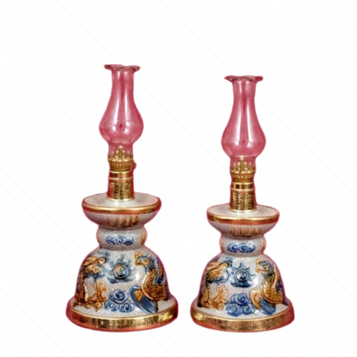 Đèn Thờ Chân Nến Long Chầu Nguyệt Men Rạn Bọc Đồng Vàng Gốm Sứ Bát Tràng Cao Cấp 