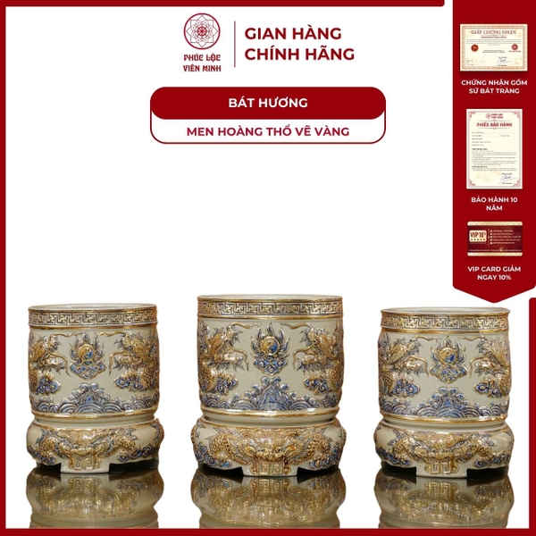 Bát Hương Rồng Vẽ Vàng Men Hoàng Thổ Gốm Sứ Bát Tràng Cao Cấp Phúc Lộc 