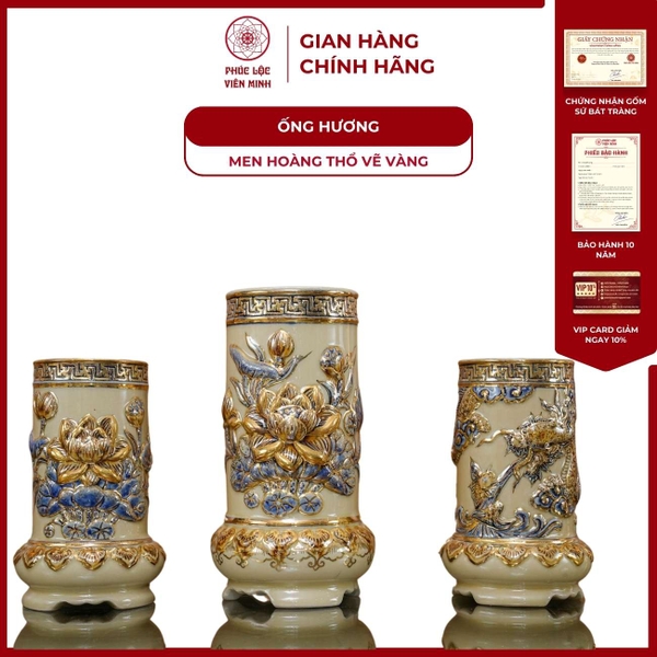 Ống Hương Sen Men Hoàng Thổ Gốm Sứ Bát Tràng Cao Cấp Đẹp Sang 