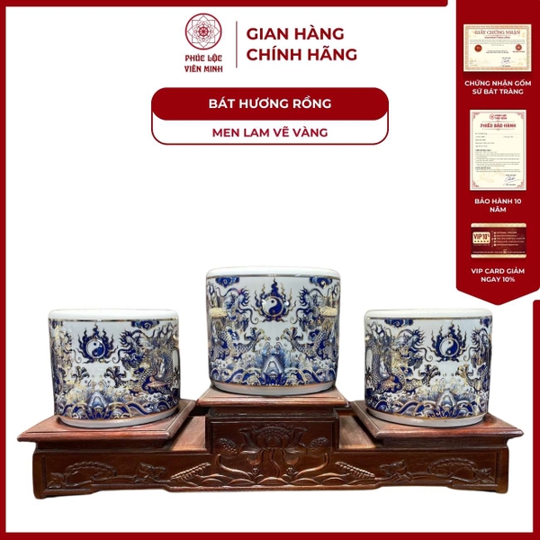 Bát Hương Rồng Men Lam Vàng Bát Tràng Gốm Sứ Cao Cấp Phong Thuỷ 