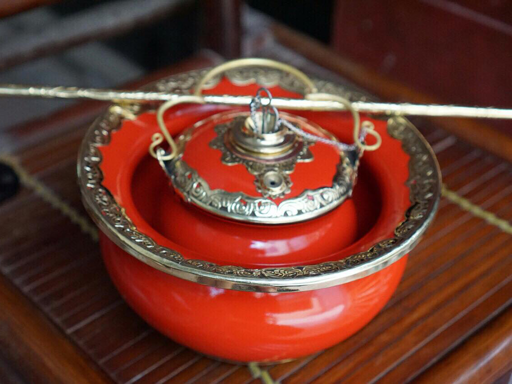 Điếu bát men đỏ cam bọc đồng quà tặng hợp mệnh Hỏa 