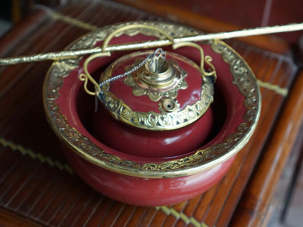 Điếu bát men mận đỏ đun bọc đồng Bát Tràng quà tặng độc đáo