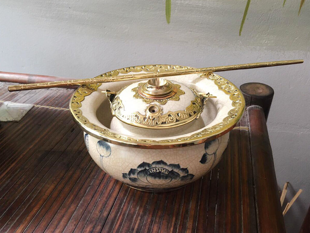 Điếu bát men rạn Hoa sen bọc đồng sang trọng quà tặng ý nghĩa 