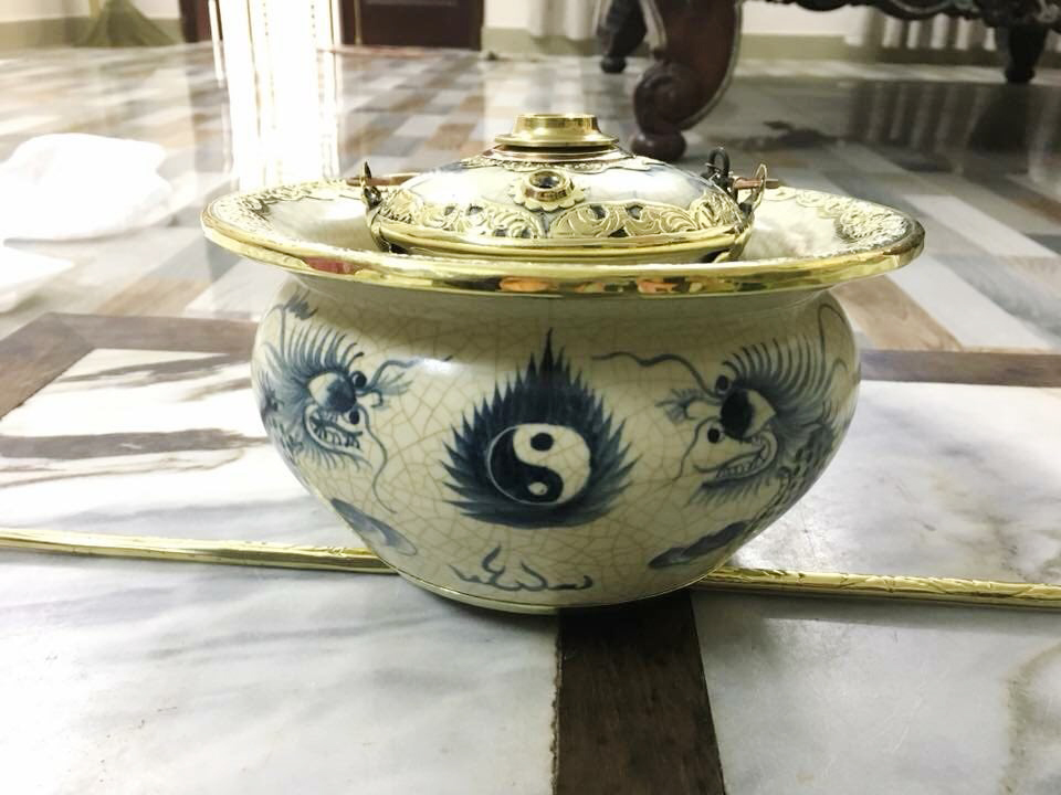 Điếu bát men rạn Song Long Chầu Nguyệt bọc đồng cao cấp độc đáo