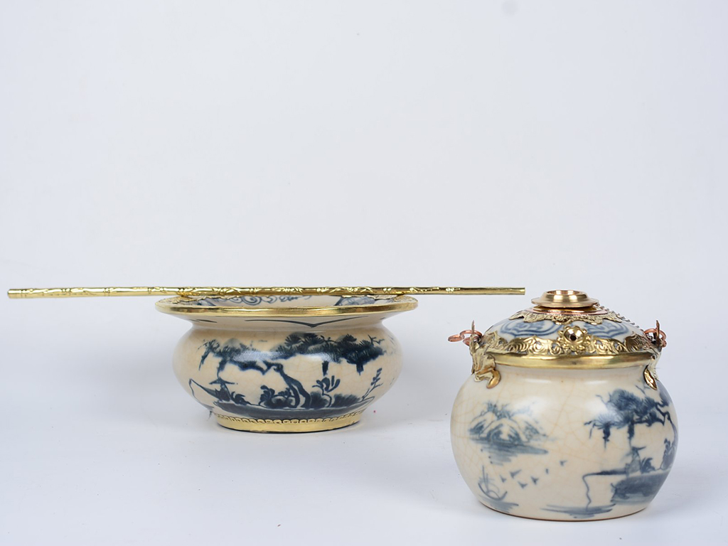 Điếu bát men rạn bọc đồng Bát Tràng Câu Cá Lã Vọng sang trọng quà tặng độc đáo