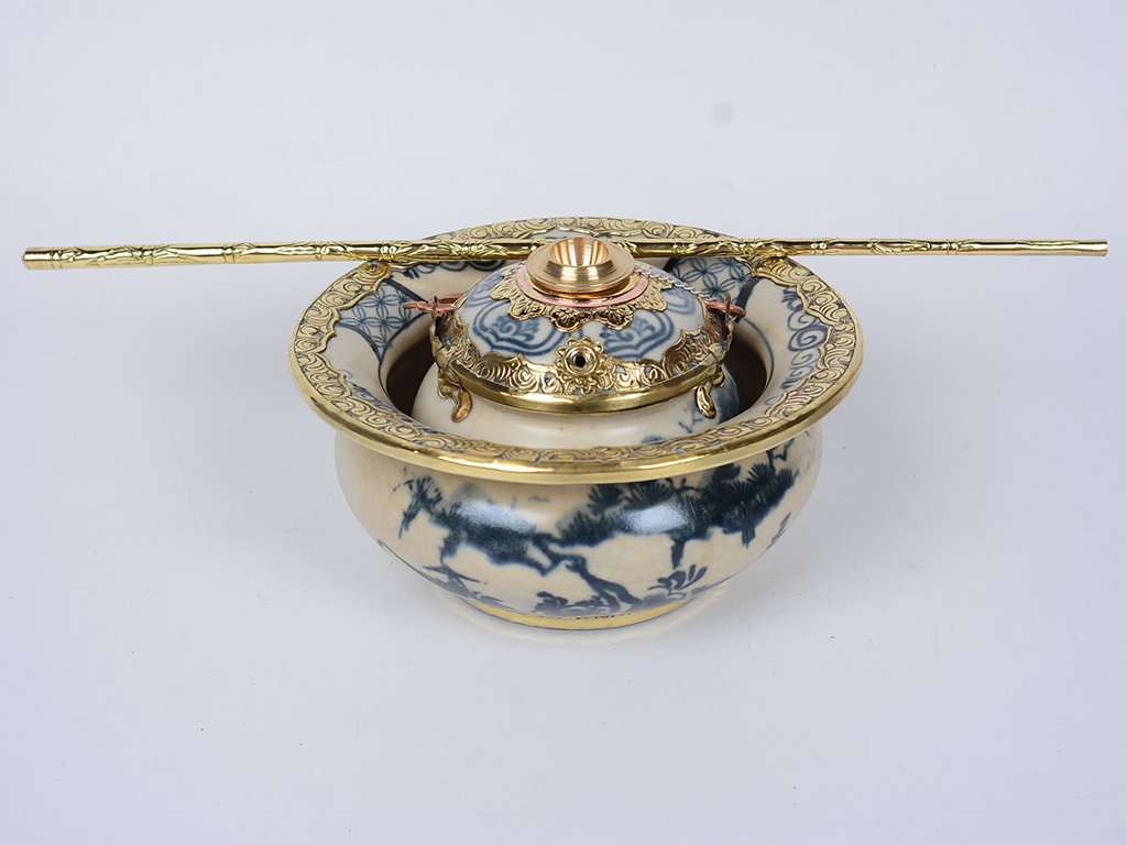 Điếu bát men rạn bọc đồng Bát Tràng Câu Cá Lã Vọng sang trọng quà tặng độc đáo 