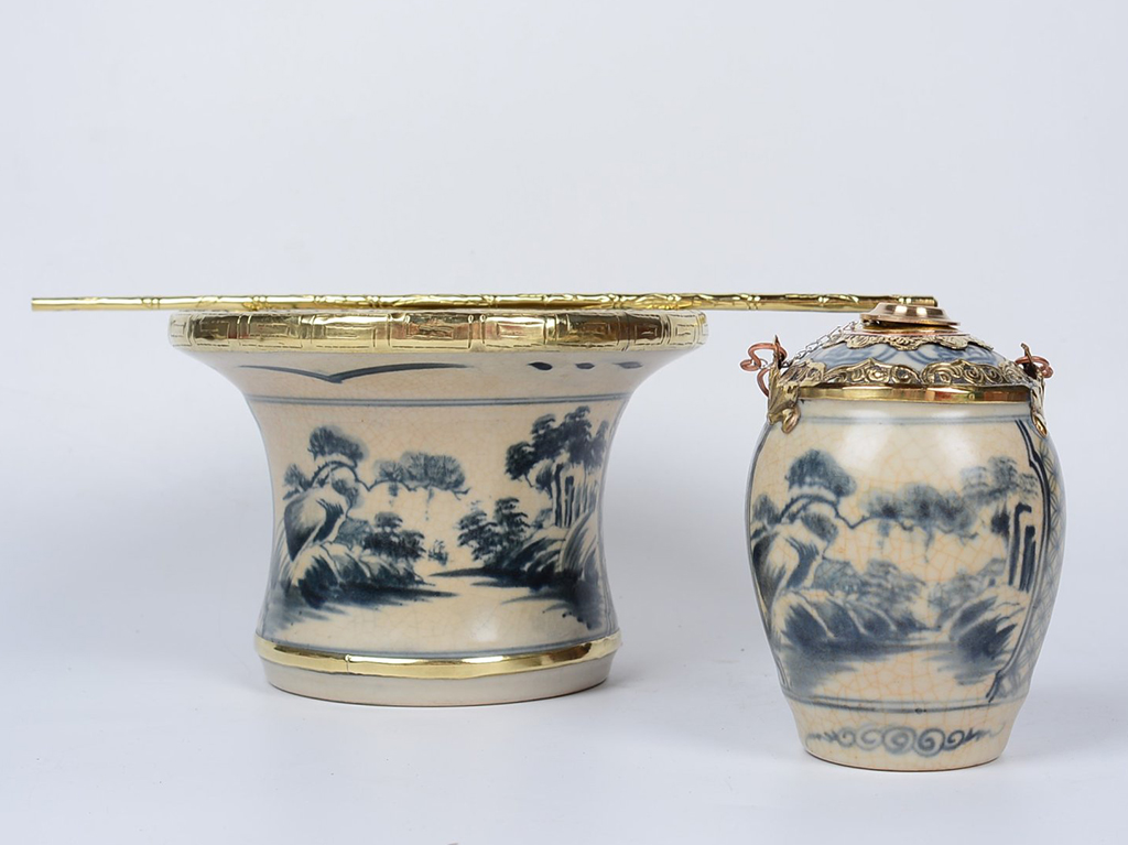 Điếu bát men rạn bọc đồng Sơn Thủy quà tặng độc đáo đẹp