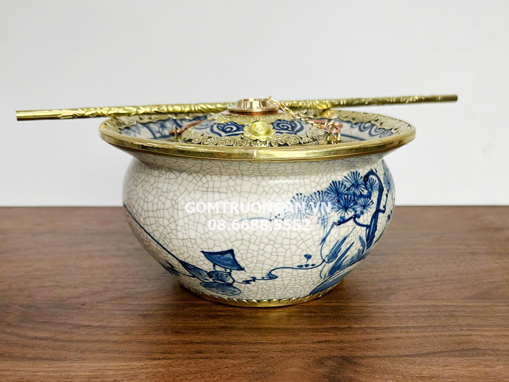 Điếu bát men rạn bọc đồng Câu Cá Lã Vọng quà tặng hút thuốc lào cao cấp 