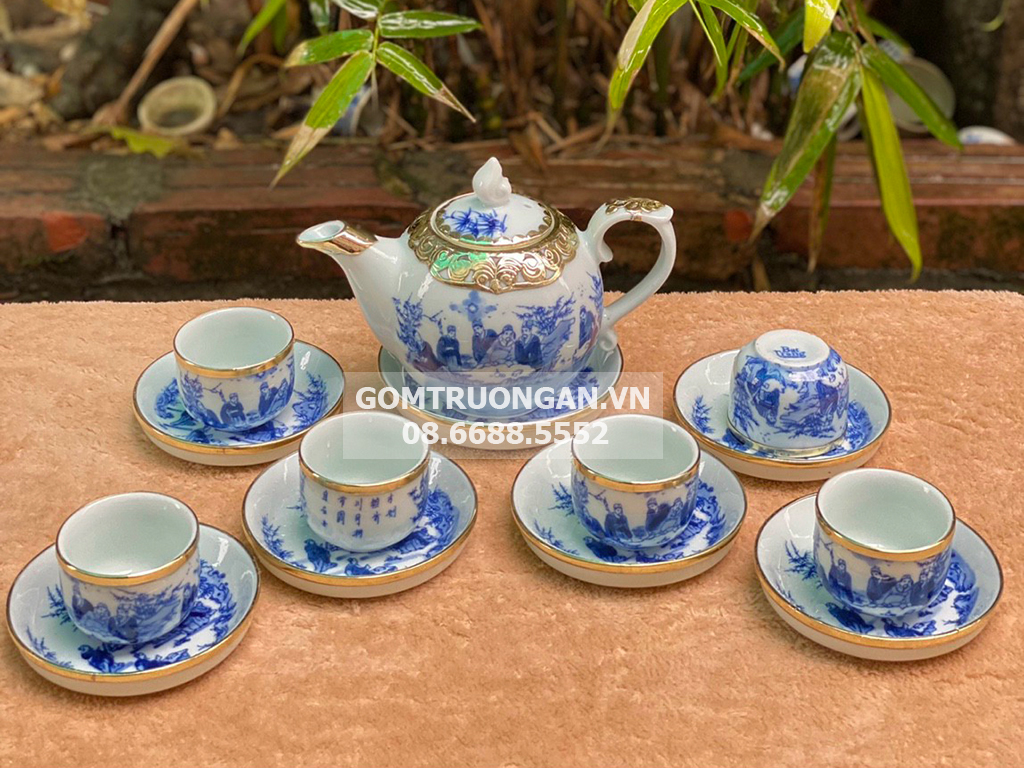 Ấm chén Bát Tràng men lam Trúc Lâm sang trọng bọc đồng Ấm chén Bát Tràng men lam Trúc Lâm sang trọng bọc đồng